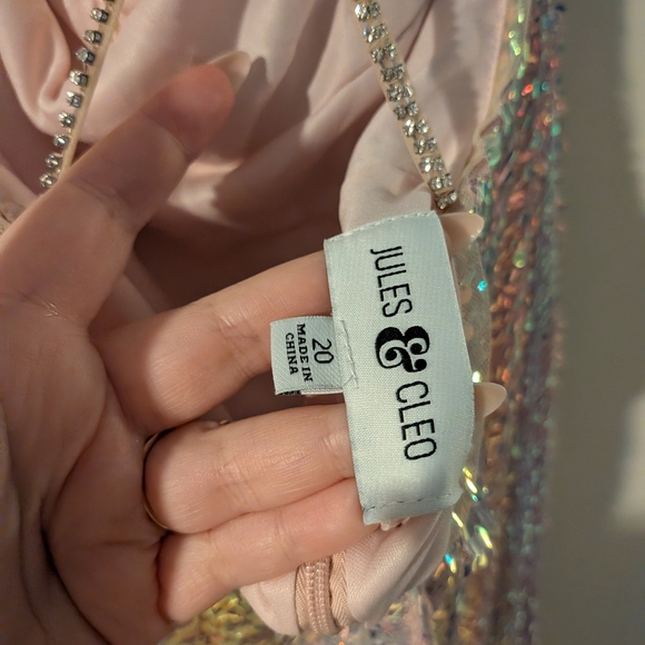 Stretch Sequin Prom Dress with Illusion V-Neck Gown in Iridescent Pink 20 - Picture 5 of 9